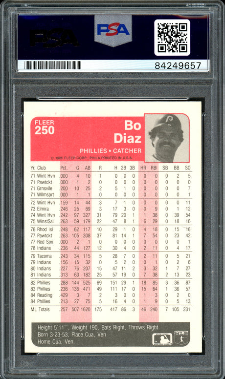 Bo Diaz Autographed 1985 Fleer Card #250 Philadelphia Phillies PSA/DNA #84249657