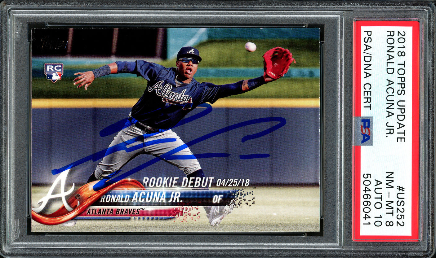 Ronald Acuna Jr. Autographed 2018 Topps Update Rookie Card #US252 Atlanta Braves Auto Grade 10 Card Grade NM-MT 8 PSA/DNA #50466041