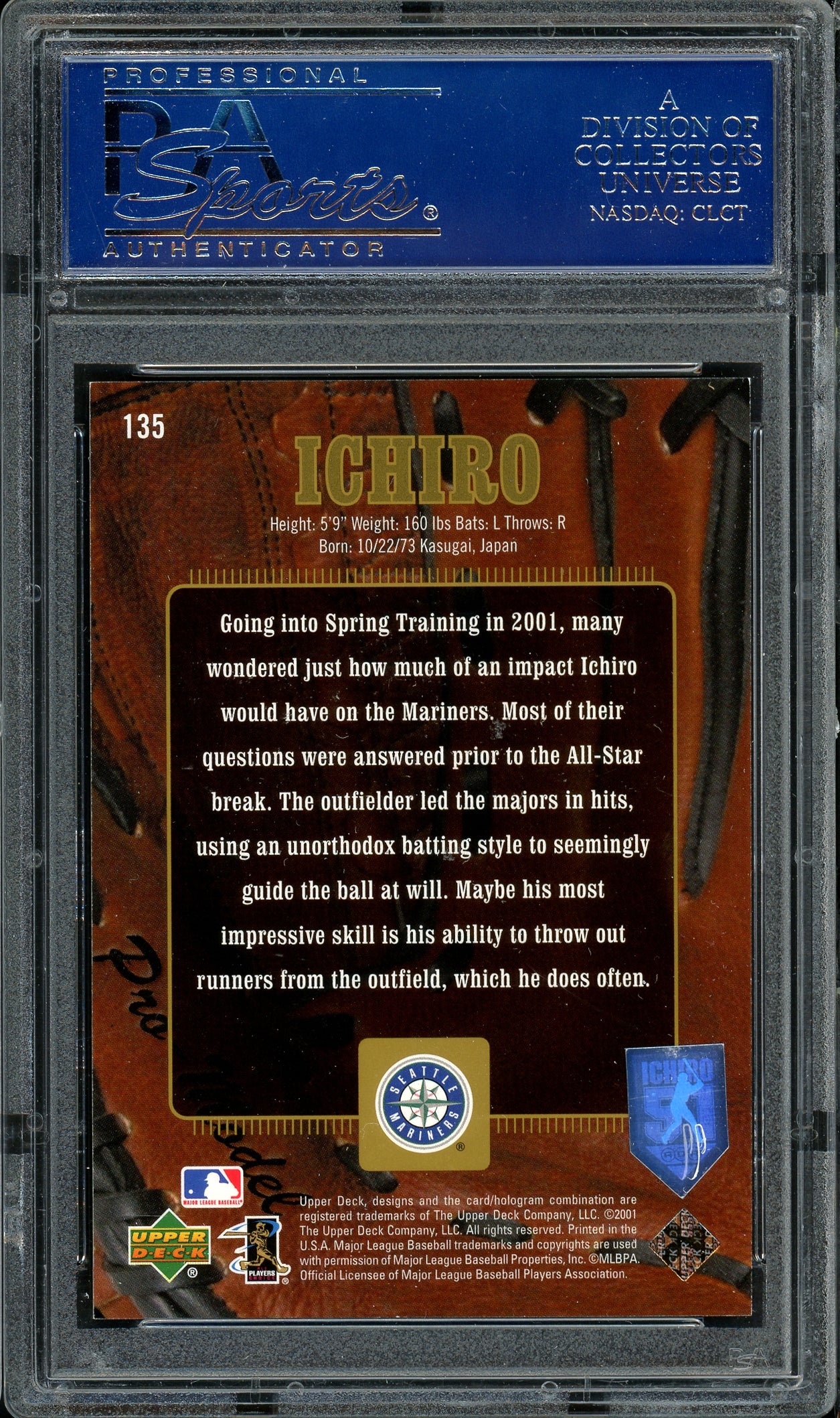 Ichiro Suzuki Autographed 2001 Upper Deck Gold Glove Rookie Card #135 Seattle Mariners #444/500 PSA/DNA #83118074