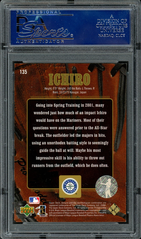 Ichiro Suzuki Autographed 2001 Upper Deck Gold Glove Rookie Card #135 Seattle Mariners #66/500 PSA/DNA #83134302