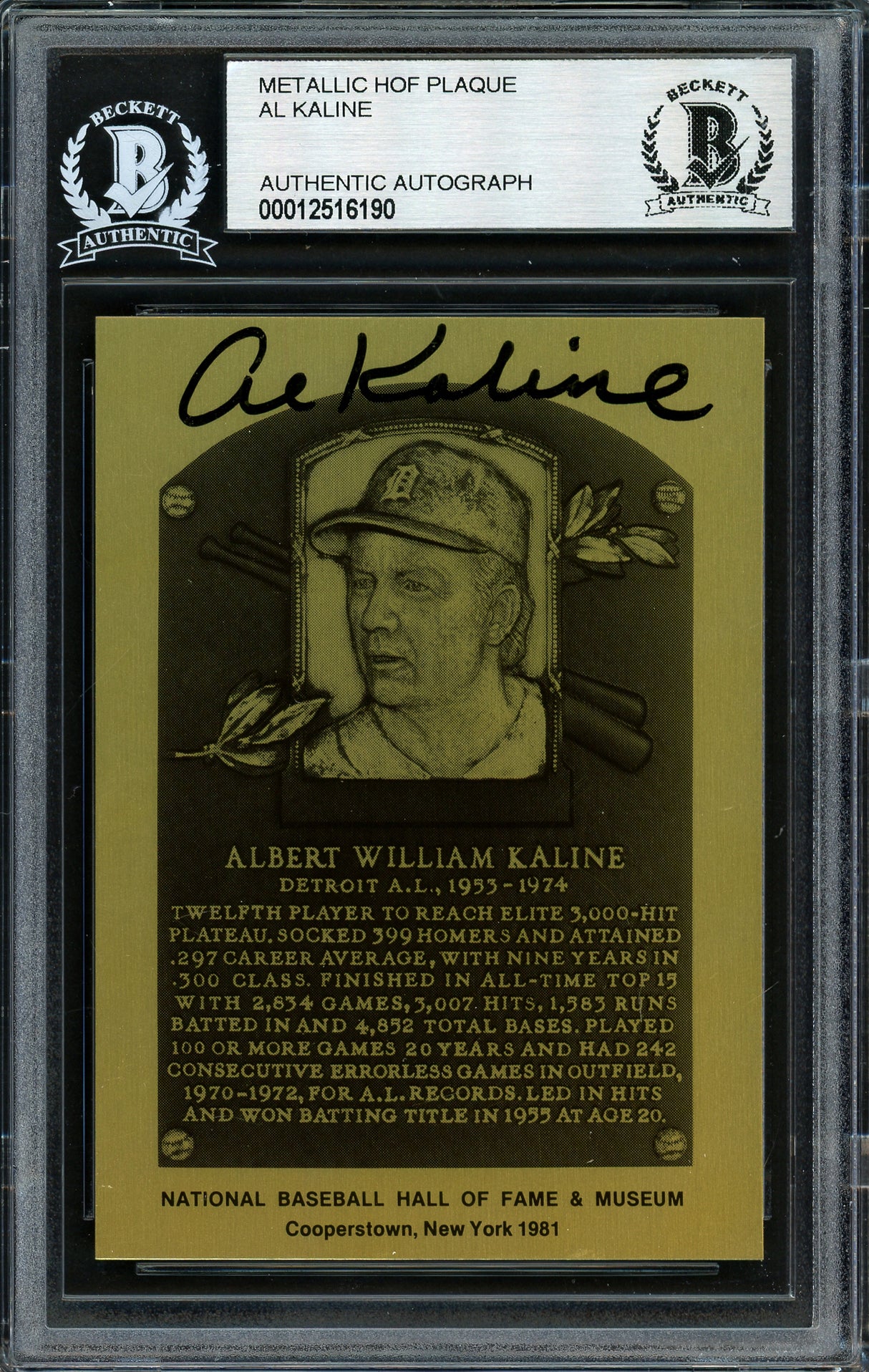 Al Kaline Autographed 1981 Metallic HOF Plaque Card Detroit Tigers Beckett BAS #12516190