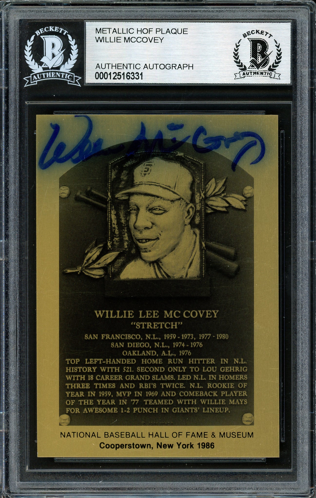 Willie McCovey Autographed 1986 Metallic HOF Plaque Card San Francisco Giants Beckett BAS #12516331