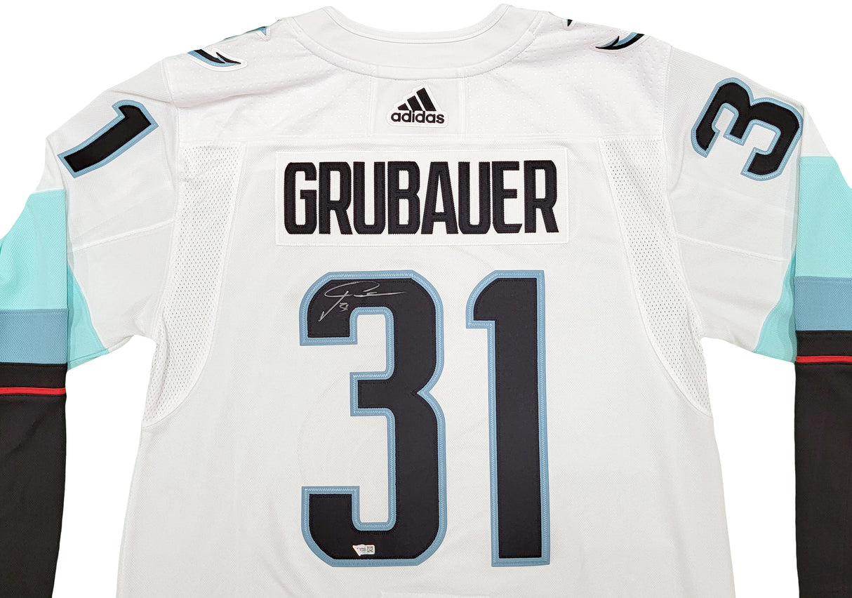 Seattle Kraken Philipp Grubauer Autographed White Adidas Jersey Inaugural Season Patch Fanatics Holo Stock #201665