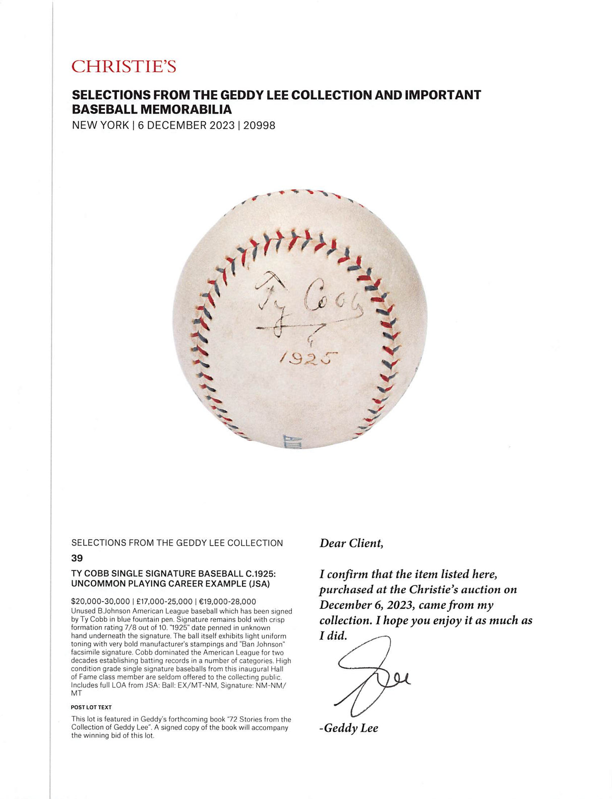 Tigers Ty Cobb Signed 1925 B. Bancroft Johnson Reach OAL Baseball JSA #YY52491