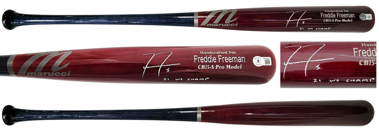 Freddie Freeman Autographed Brown & Blue Marucci Game Model Bat Los Angeles Dodgers "21 WS Champ" Beckett BAS QR Stock #201178