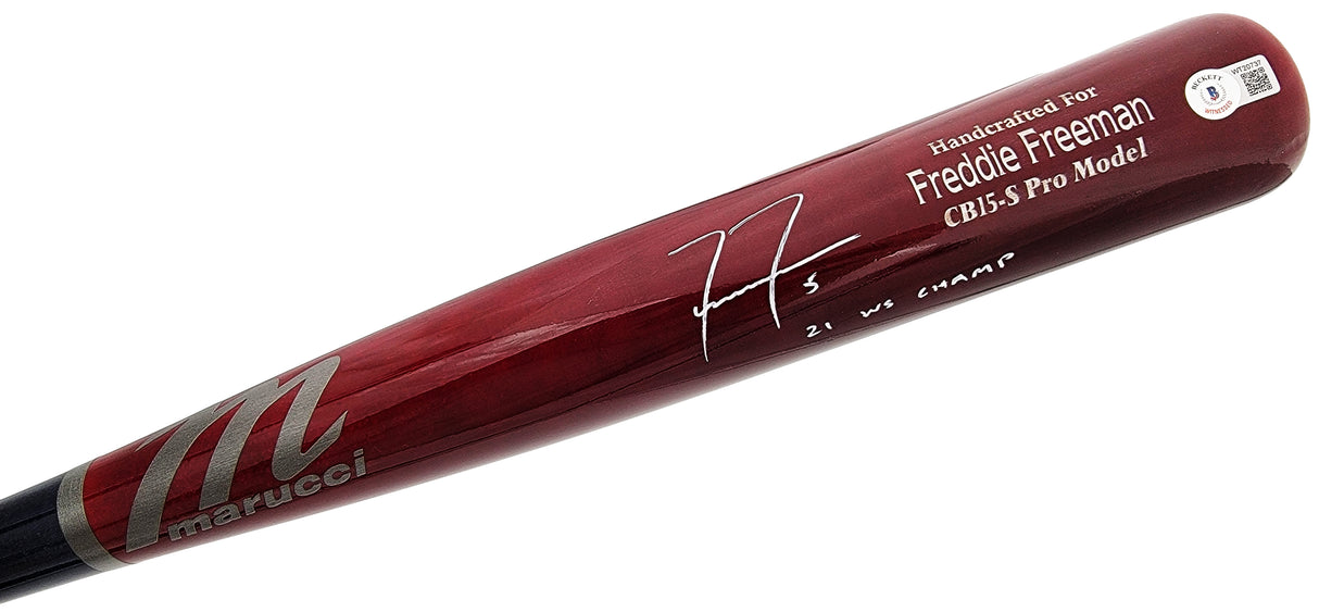 Freddie Freeman Autographed Brown & Blue Marucci Game Model Bat Atlanta Braves "21 WS Champ" Beckett BAS QR Stock #201178