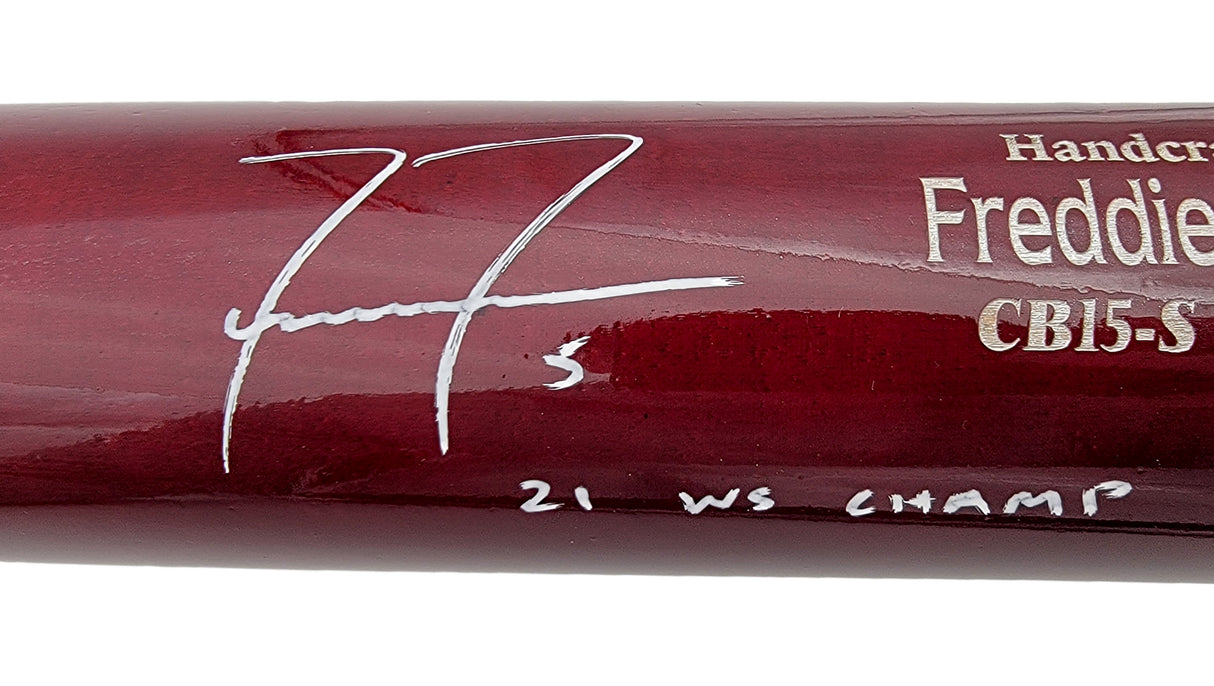 Freddie Freeman Autographed Brown & Blue Marucci Game Model Bat Los Angeles Dodgers "21 WS Champ" Beckett BAS QR Stock #201178