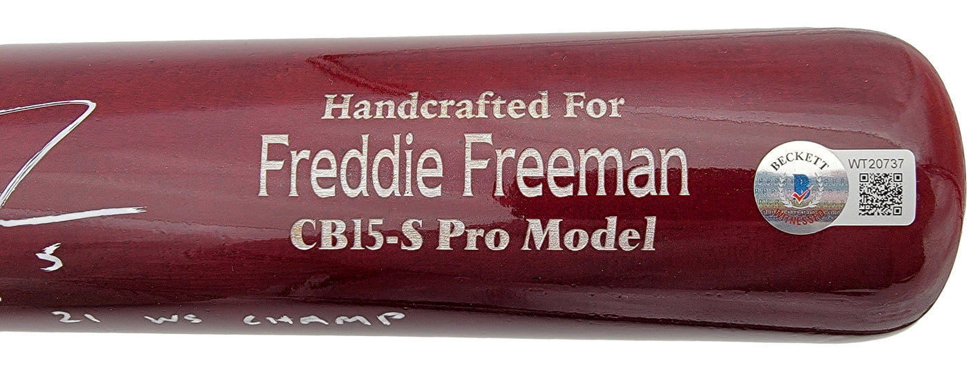 Freddie Freeman Autographed Brown & Blue Marucci Game Model Bat Los Angeles Dodgers "21 WS Champ" Beckett BAS QR Stock #201178
