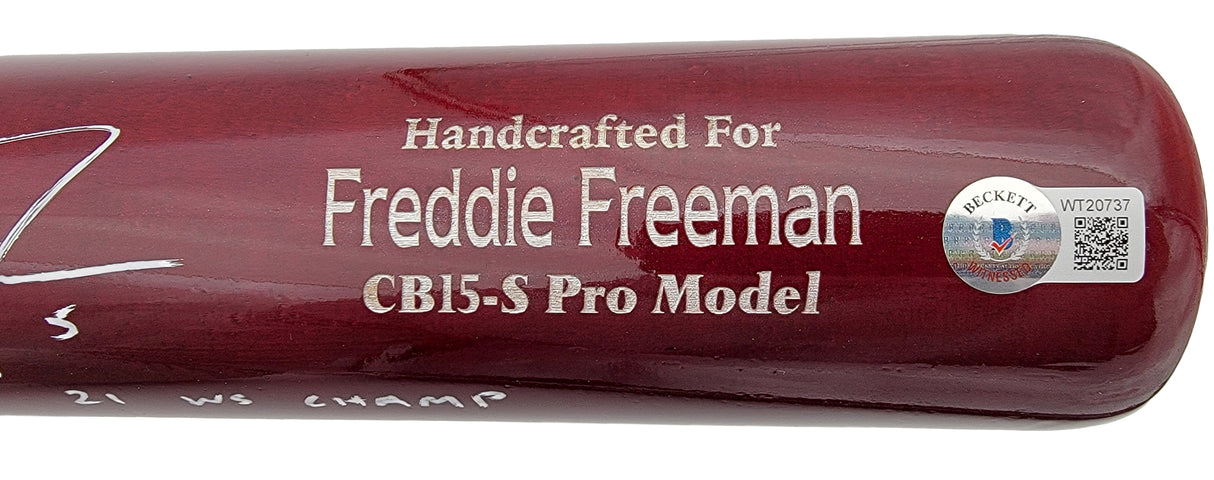 Freddie Freeman Autographed Brown & Blue Marucci Game Model Bat Los Angeles Dodgers "21 WS Champ" Beckett BAS QR Stock #201178
