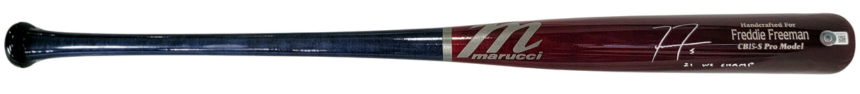 Freddie Freeman Autographed Brown & Blue Marucci Game Model Bat Los Angeles Dodgers "21 WS Champ" Beckett BAS QR Stock #201178