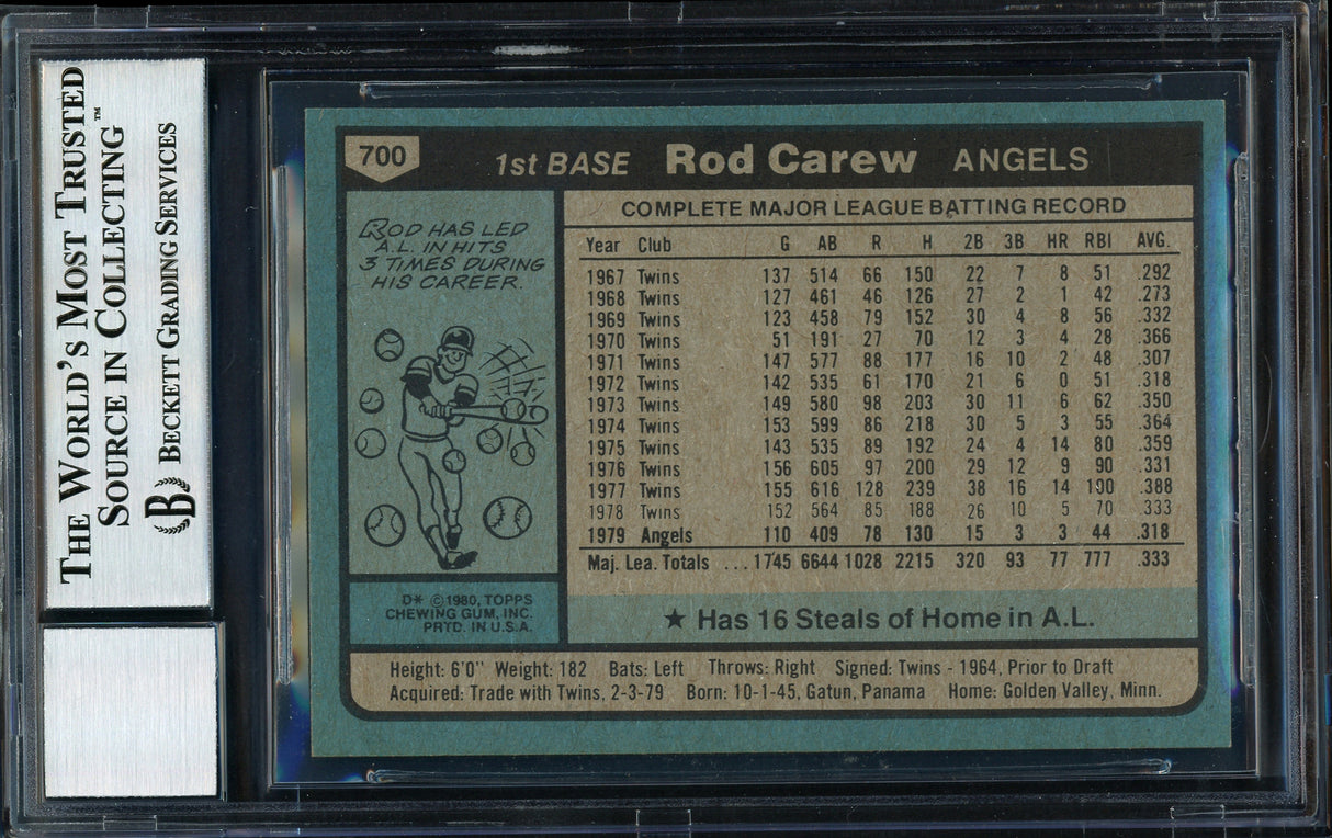 Rod Carew Autographed 1980 Topps Card #700 California Angels Signed Top Auto Grade 10 Beckett BAS Stock #186034