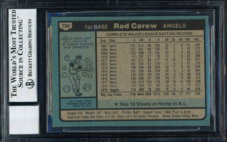 Rod Carew Autographed 1980 Topps Card #700 California Angels Signed Bottom Auto Grade 10 Beckett BAS Stock #186035