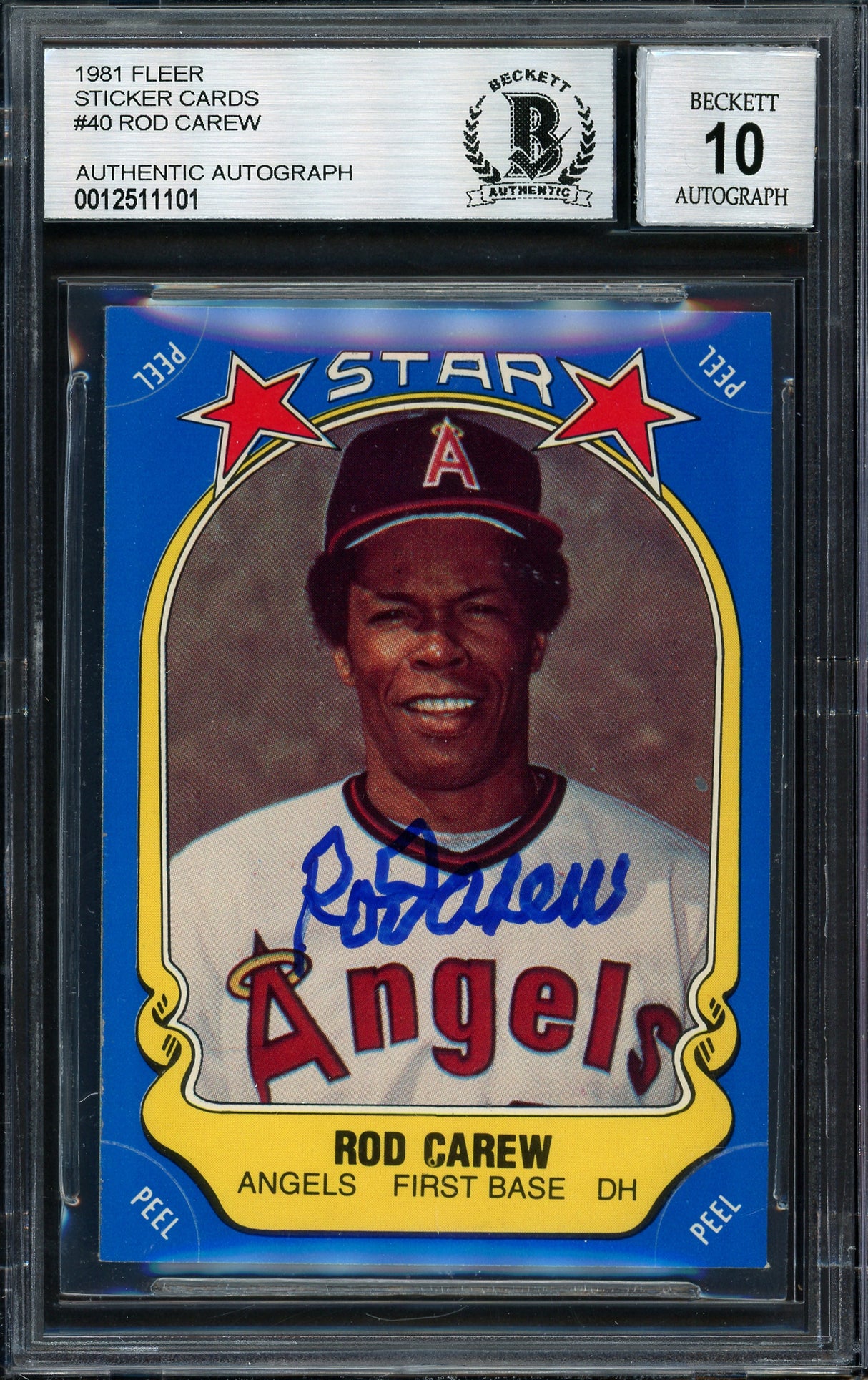 Rod Carew Autographed 1981 Fleer Sticker Card #40 California Angels Auto Grade 10 Beckett BAS #12511101