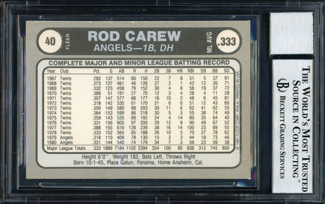 Rod Carew Autographed 1981 Fleer Sticker Card #40 California Angels Auto Grade 10 Beckett BAS #12511102