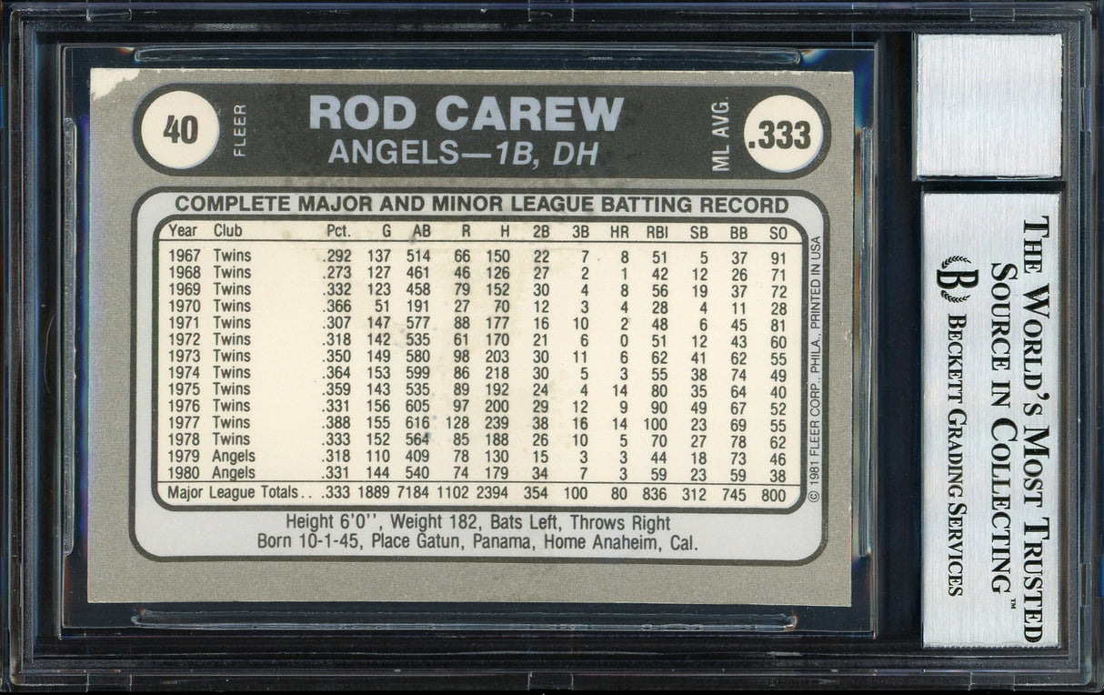 Rod Carew Autographed 1981 Fleer Sticker Card #40 California Angels Auto Grade 10 Beckett BAS #12511103