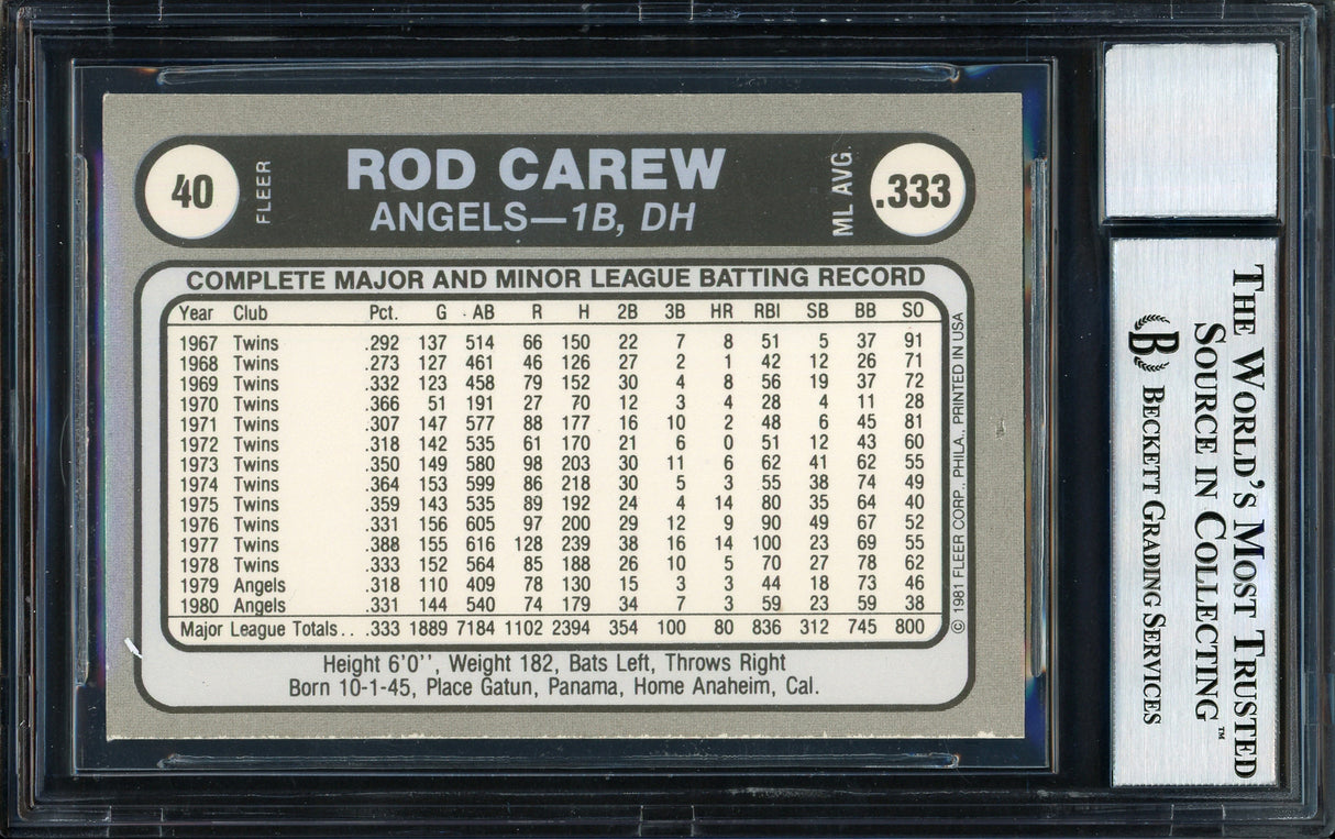 Rod Carew Autographed 1981 Fleer Sticker Card #40 California Angels Auto Grade 10 Beckett BAS #12511104