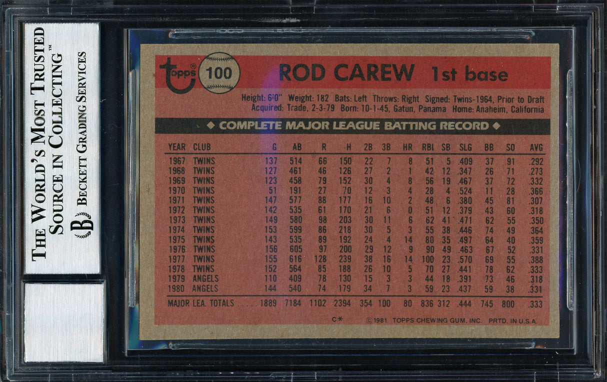 Rod Carew Autographed 1981 Topps Card #100 California Angels Auto Grade 10 Beckett BAS Stock #186043