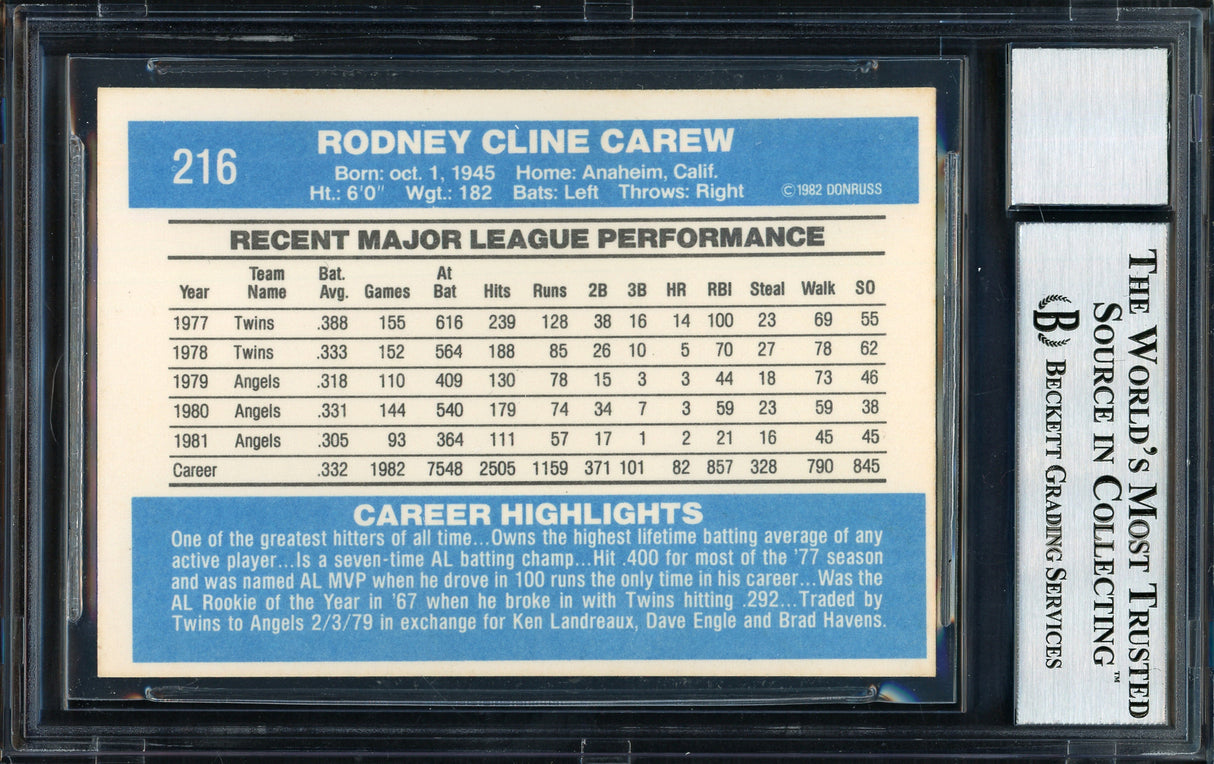 Rod Carew Autographed 1982 Donruss Card #216 California Angels Auto Grade 10 Beckett BAS #12511135