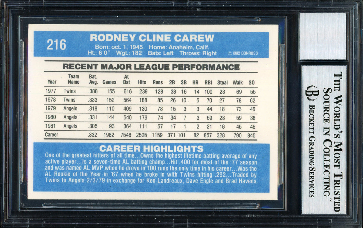 Rod Carew Autographed 1982 Donruss Card #216 California Angels Auto Grade 10 Beckett BAS #12511132