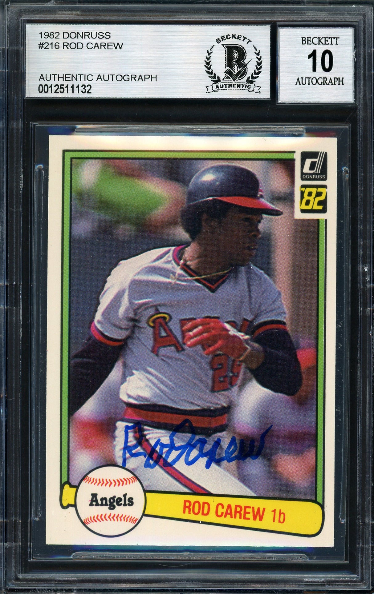 Rod Carew Autographed 1982 Donruss Card #216 California Angels Auto Grade 10 Beckett BAS #12511132