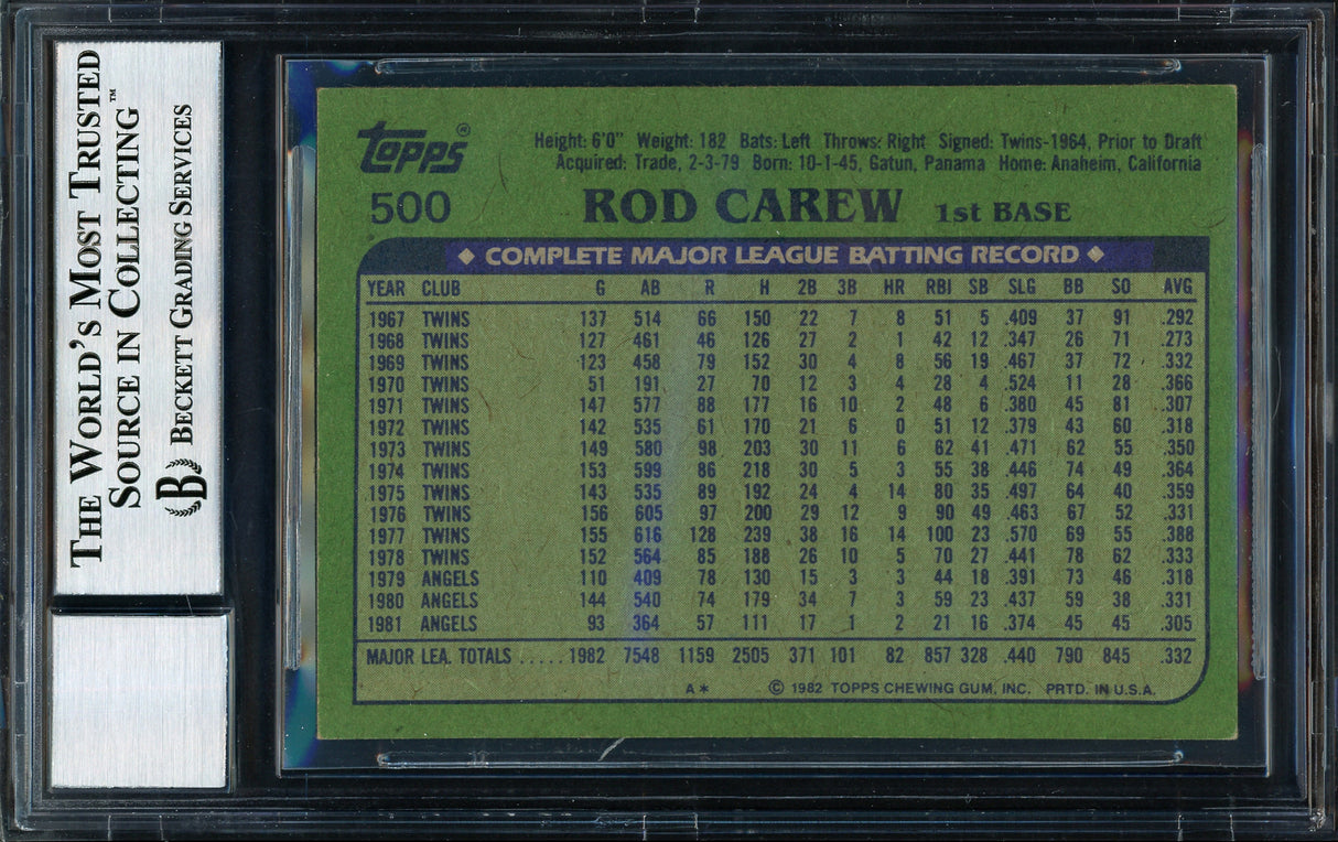 Rod Carew Autographed 1982 Topps Card #500 California Angels Auto Grade 10 Beckett BAS Stock #186051