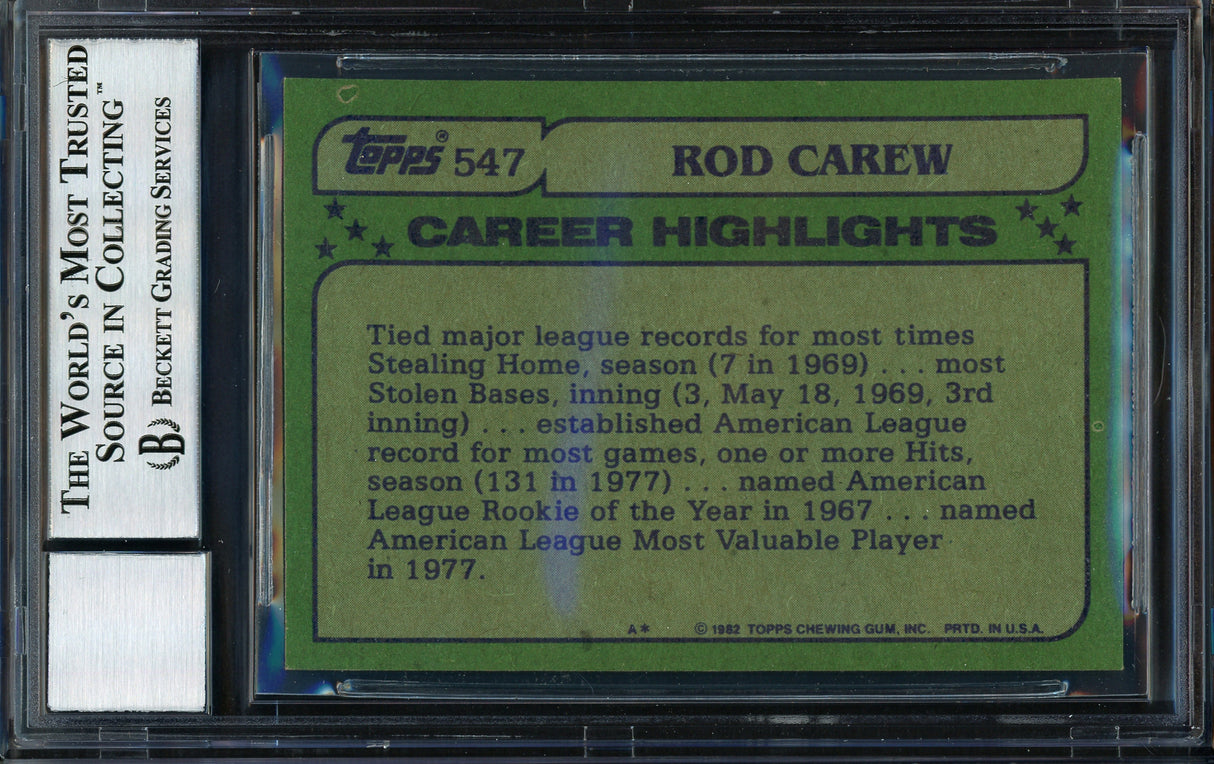 Rod Carew Autographed 1982 Topps All Star Card #547 California Angels Auto Grade 10 Beckett BAS Stock #186052