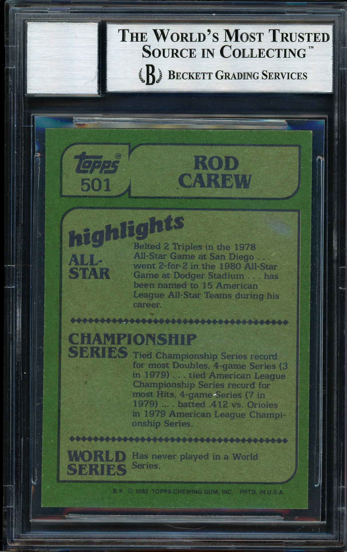 Rod Carew Autographed 1982 Topps In Action Card #501 California Angels Auto Grade 10 Beckett BAS Stock #186053