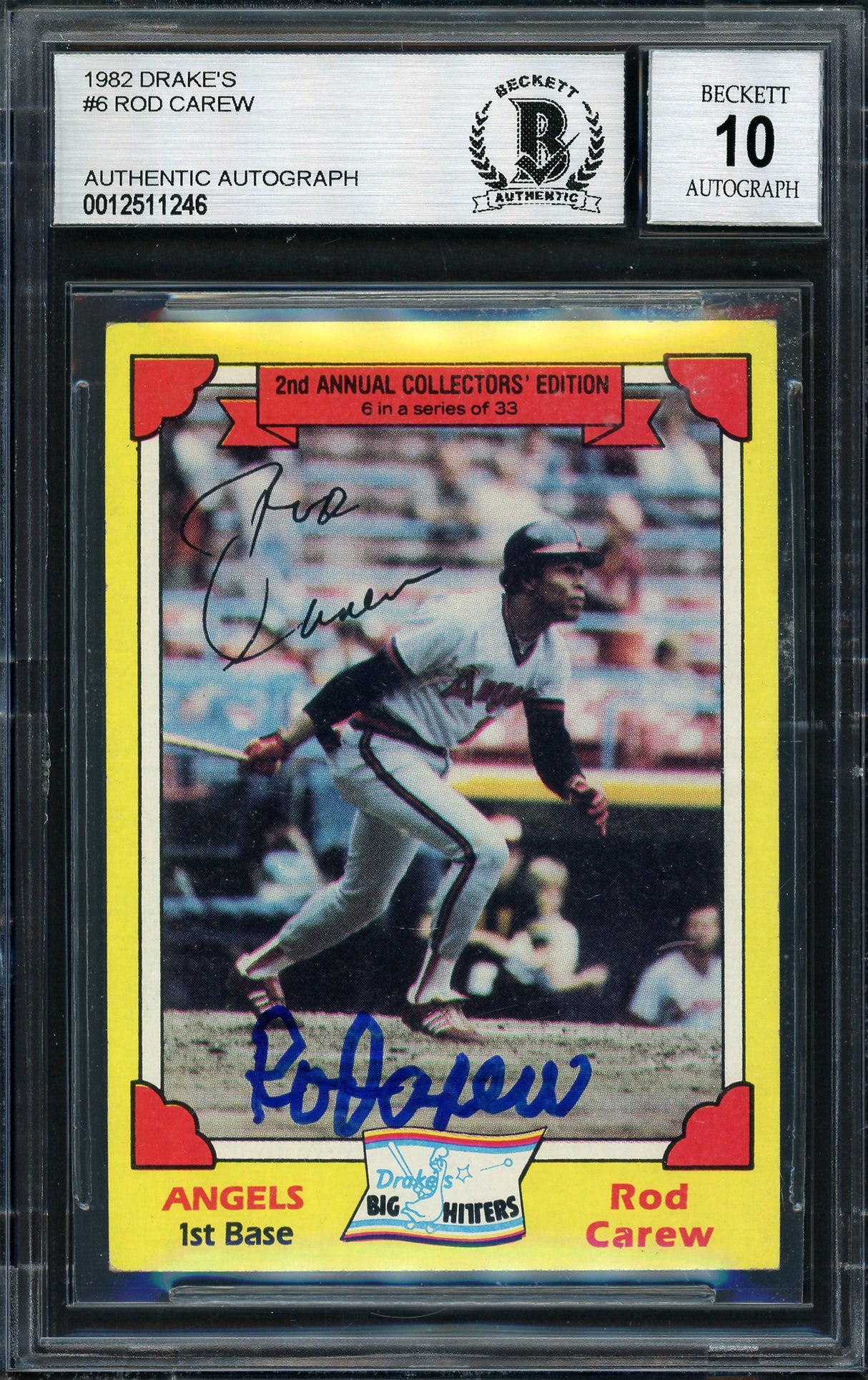 Rod Carew Autographed 1982 Topps Drake's Card #6 California Angels Auto Grade 10 Beckett BAS #12511246