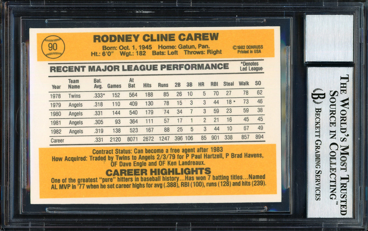 Rod Carew Autographed 1983 Donruss Card #90 California Angels Auto Grade 10 Beckett BAS Stock #186061