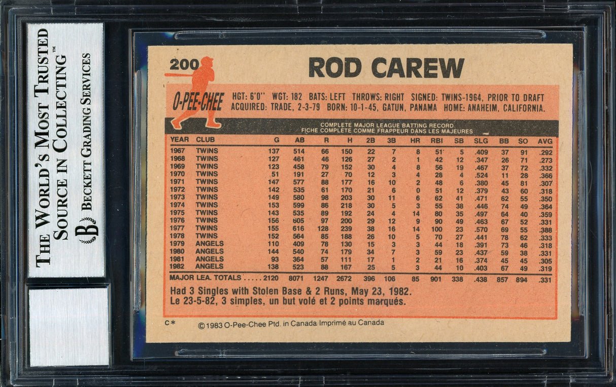 Rod Carew Autographed 1983 O-Pee-Chee Card #200 California Angels Auto Grade 10 Beckett BAS #12511306