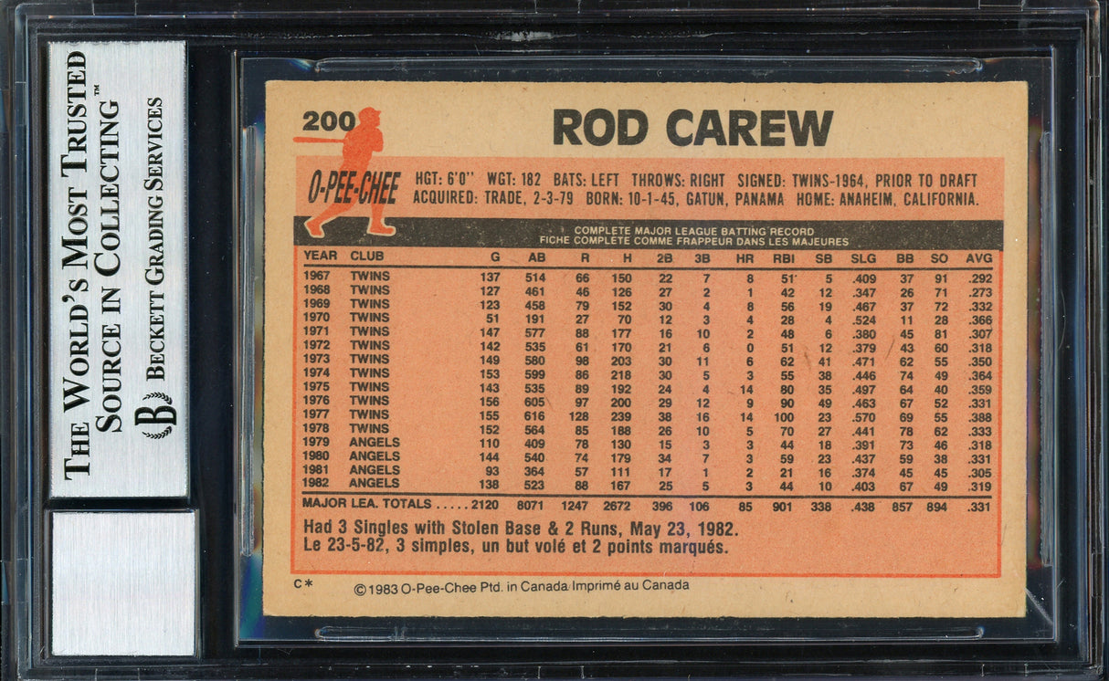 Rod Carew Autographed 1983 O-Pee-Chee Card #200 California Angels Auto Grade 10 Beckett BAS #12511305