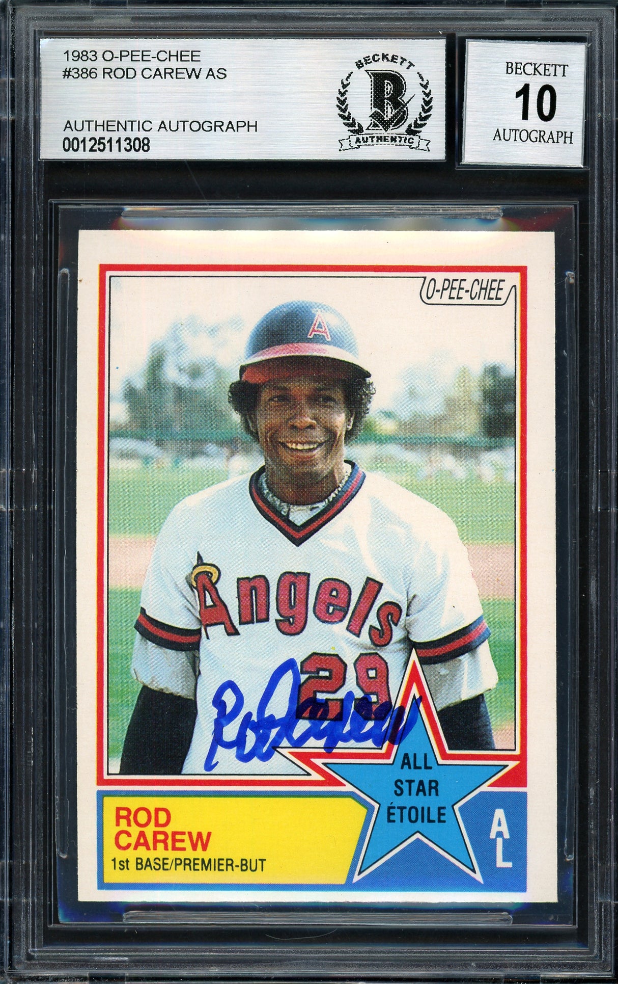 Rod Carew Autographed 1983 O-Pee-Chee Card #386 California Angels Auto Grade 10 Beckett BAS #12511308