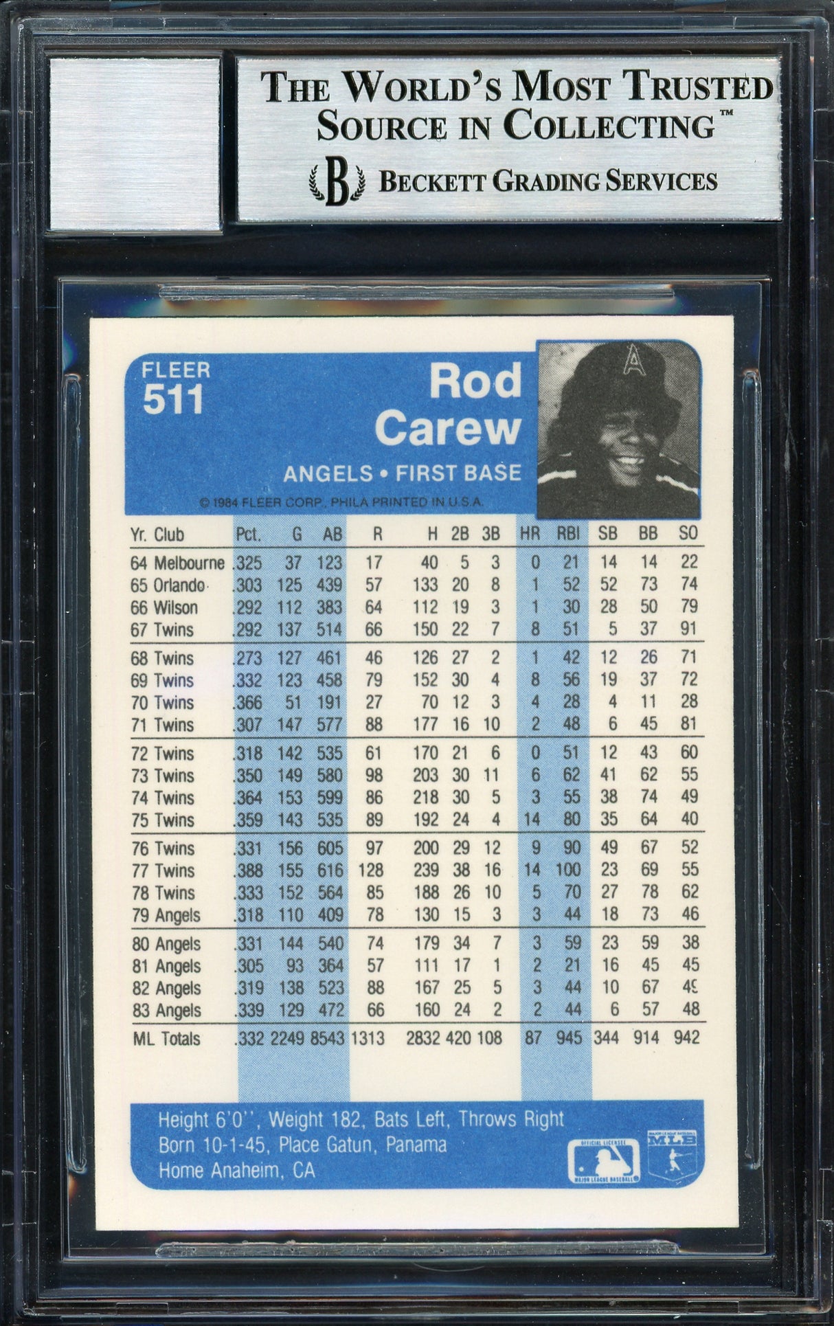Rod Carew Autographed 1984 Fleer Card #511 California Angels Signed Top Auto Grade 10 Beckett BAS Stock #186072