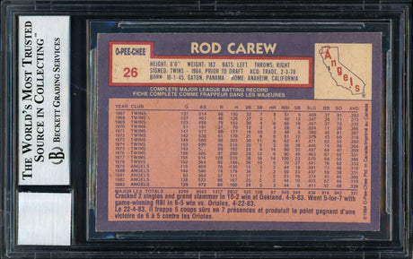 Rod Carew Autographed 1984 O-Pee-Chee Card #26 California Angels Auto Grade 10 Beckett BAS #12511507