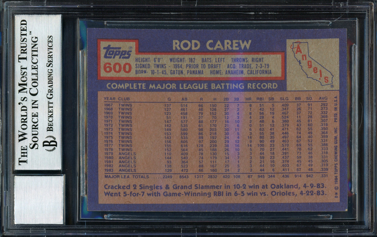 Rod Carew Autographed 1984 Topps Card #600 California Angels Auto Grade 10 Beckett BAS Stock #186078