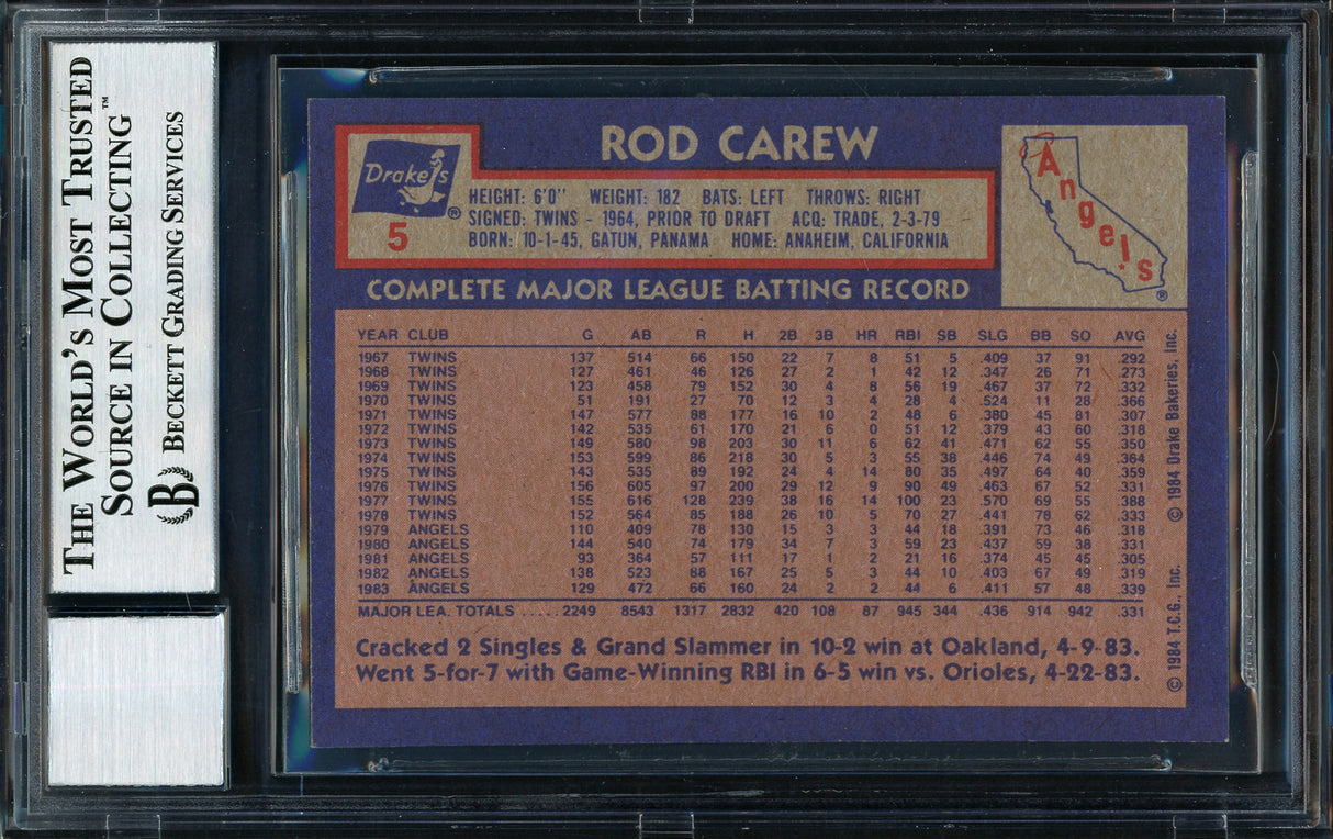 Rod Carew Autographed 1984 Topps Drake's Card #5 California Angels Auto Grade 10 Beckett BAS #12510572