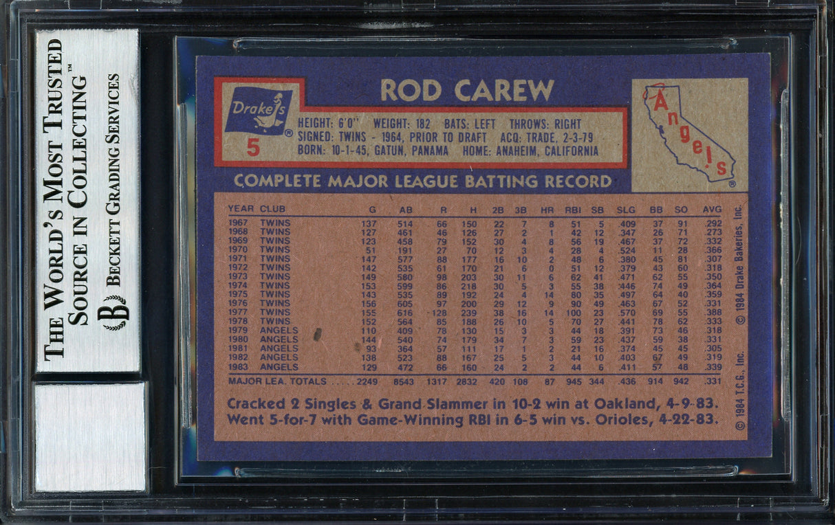 Rod Carew Autographed 1984 Topps Drake's Card #5 California Angels Auto Grade 10 Beckett BAS #12510573