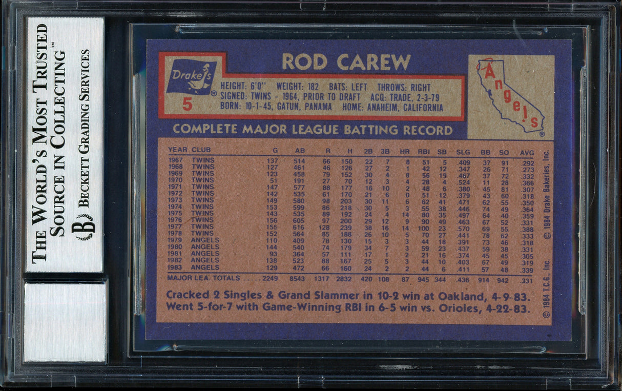Rod Carew Autographed 1984 Topps Drake's Card #5 California Angels Auto Grade 10 Beckett BAS #12510574