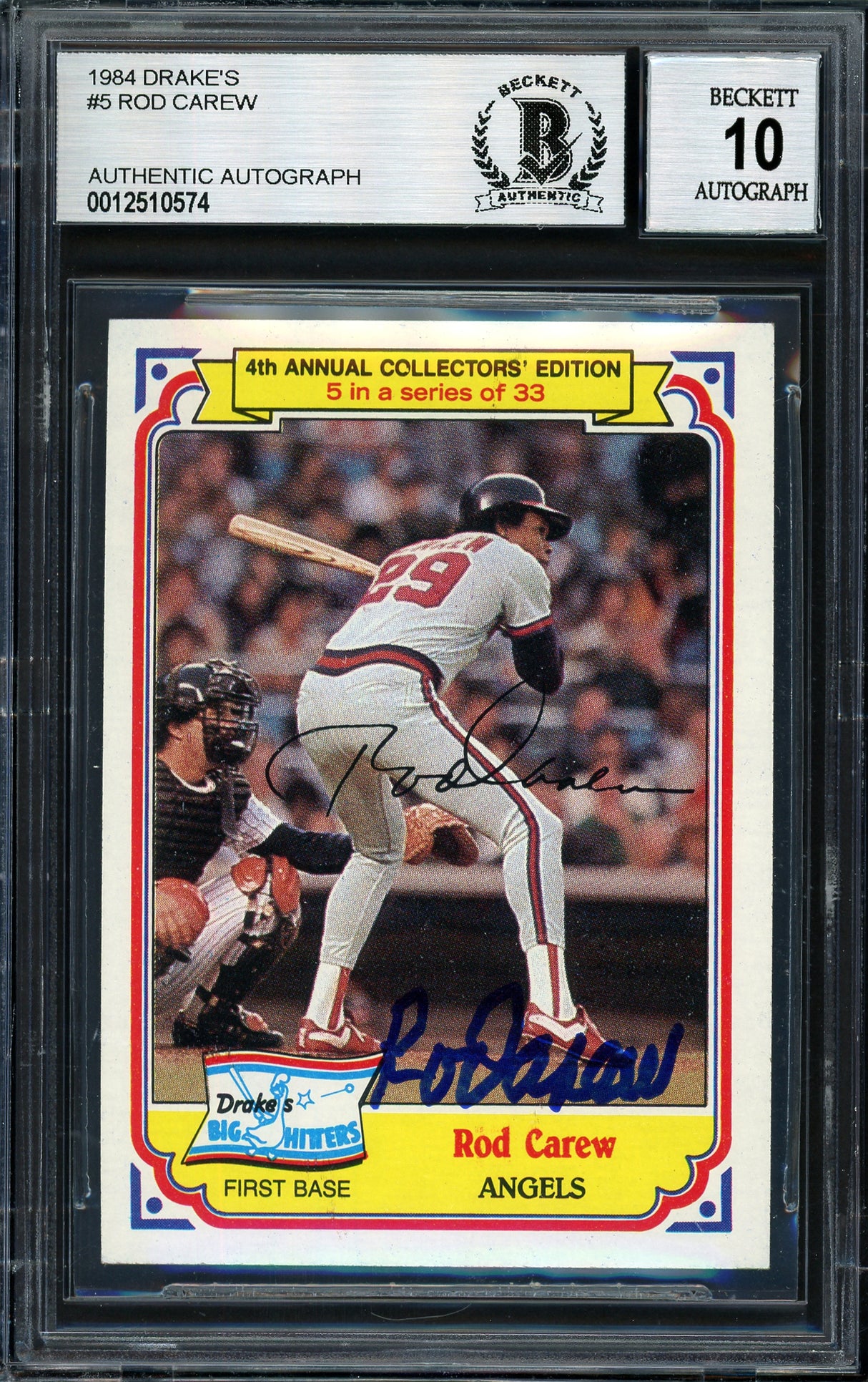Rod Carew Autographed 1984 Topps Drake's Card #5 California Angels Auto Grade 10 Beckett BAS #12510574