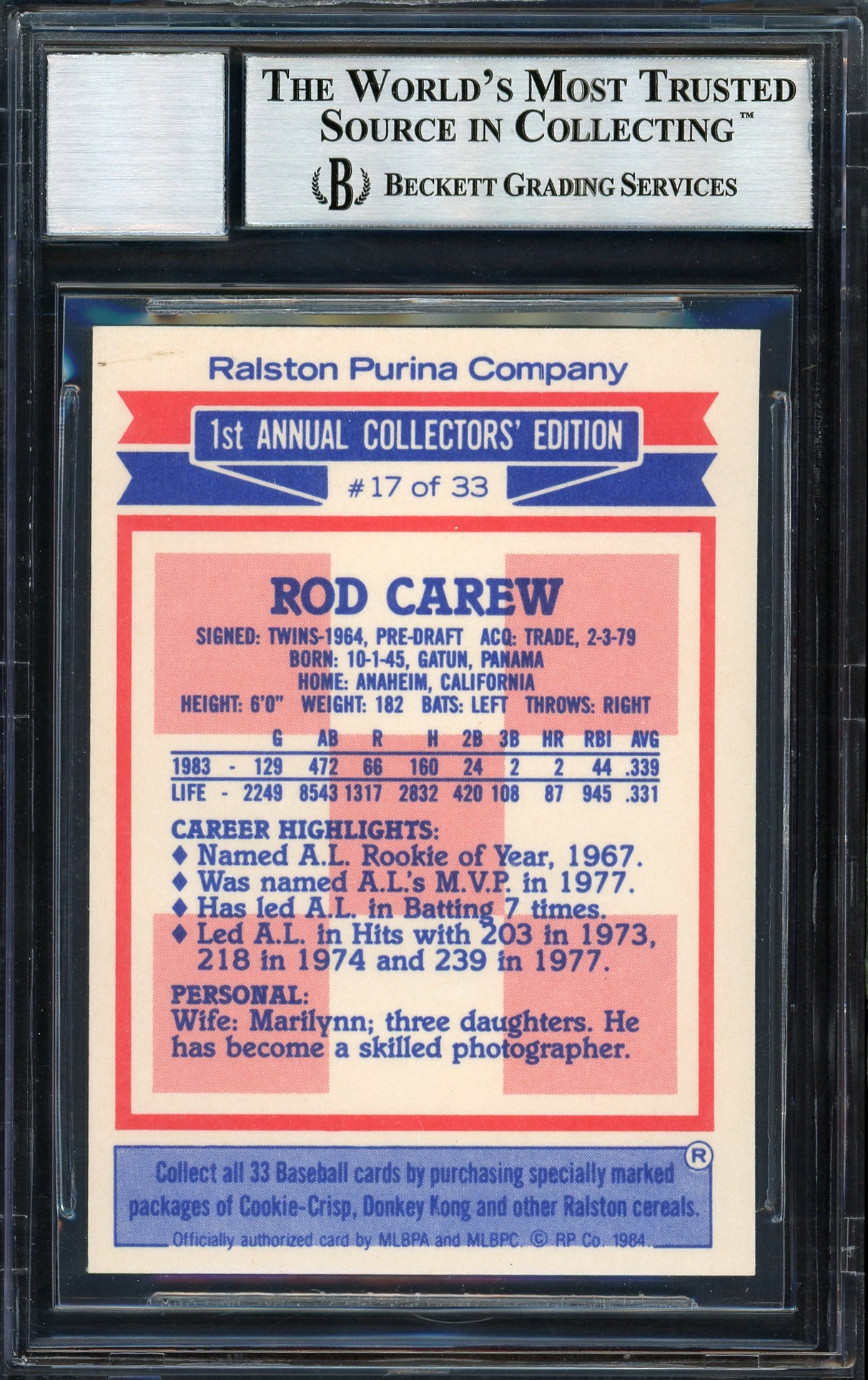 Rod Carew Autographed 1984 Topps Ralston Purina Card #17 California Angels Auto Grade 10 Beckett BAS #12510575