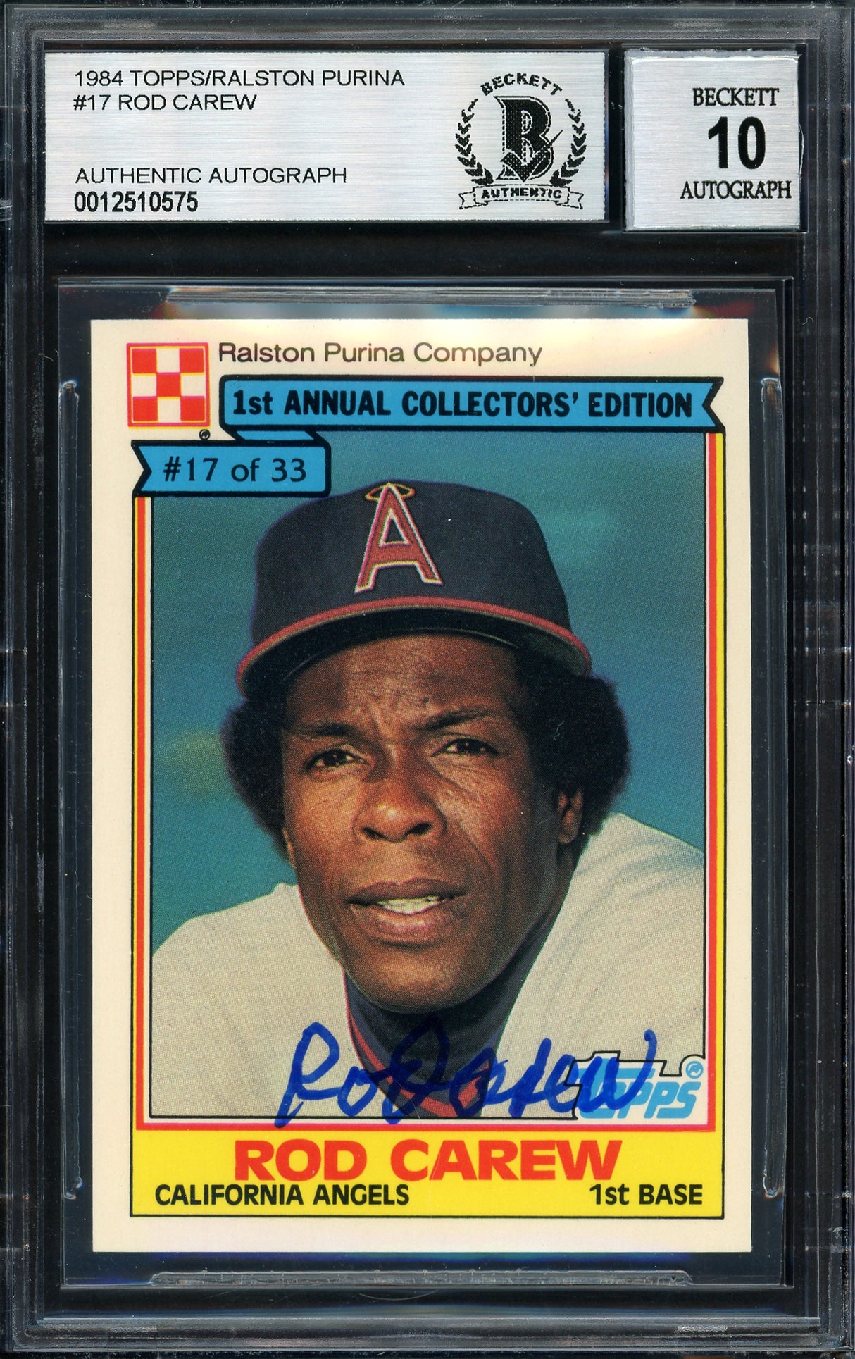 Rod Carew Autographed 1984 Topps Ralston Purina Card #17 California Angels Auto Grade 10 Beckett BAS #12510575