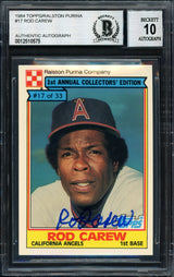 Rod Carew Autographed 1984 Topps Ralston Purina Card #17 California Angels Auto Grade 10 Beckett BAS #12510575