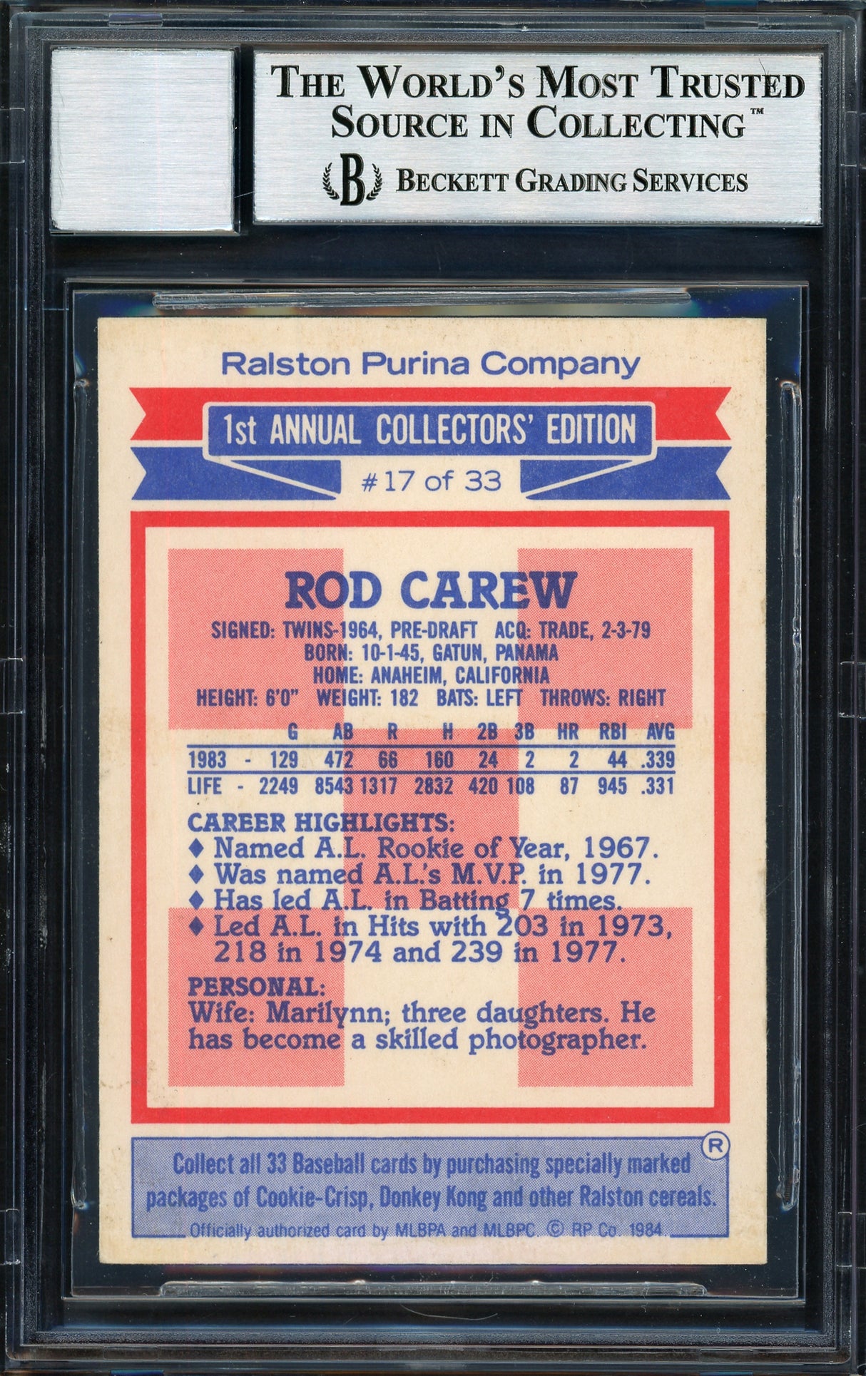 Rod Carew Autographed 1984 Topps Ralston Purina Card #17 California Angels Auto Grade 10 Beckett BAS #12510576