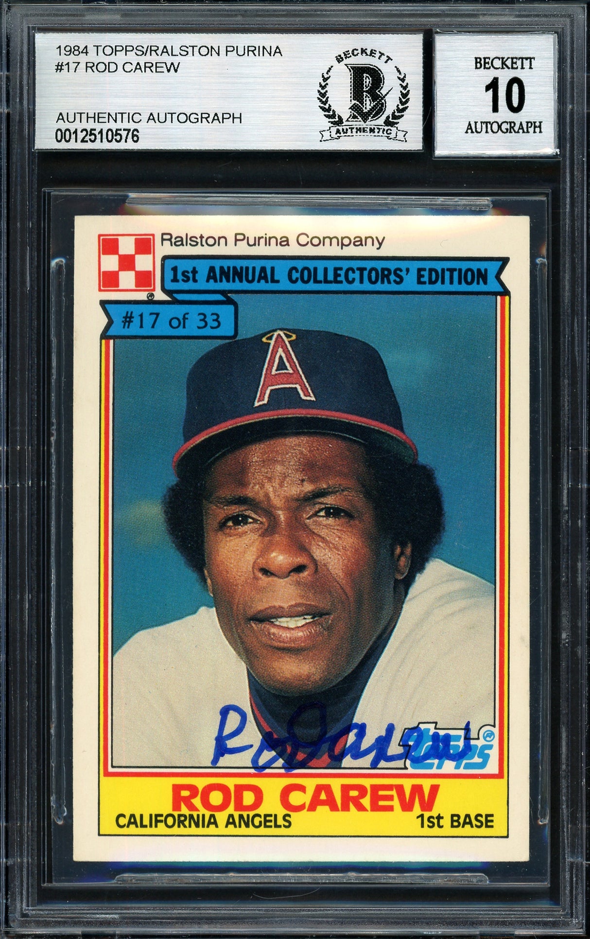 Rod Carew Autographed 1984 Topps Ralston Purina Card #17 California Angels Auto Grade 10 Beckett BAS #12510576
