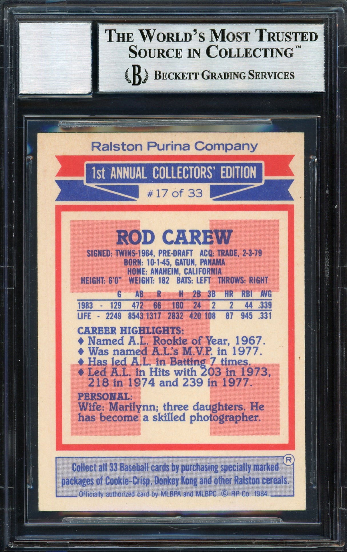 Rod Carew Autographed 1984 Topps Ralston Purina Card #17 California Angels Auto Grade 10 Beckett BAS #12510577