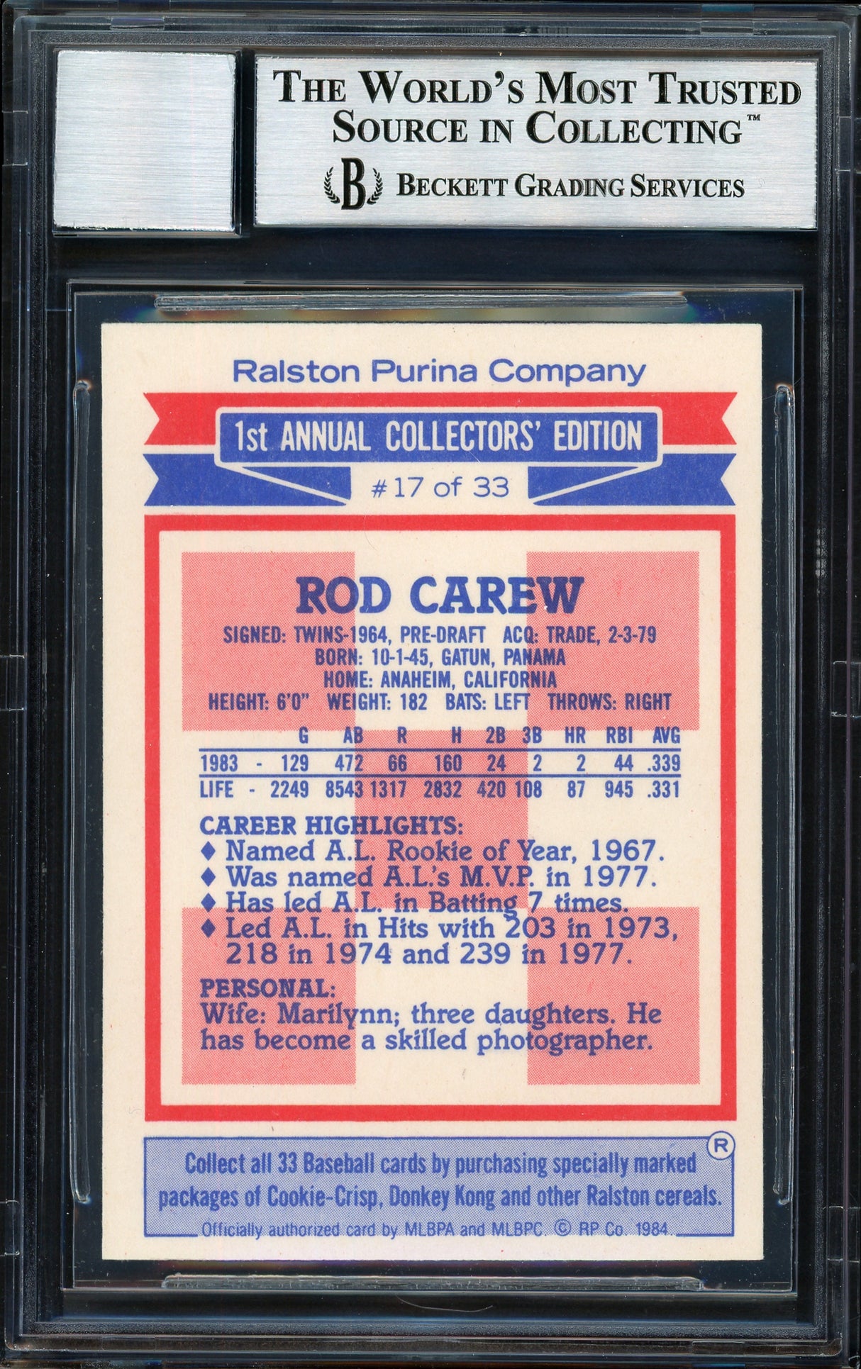 Rod Carew Autographed 1984 Topps Ralston Purina Card #17 California Angels Auto Grade 10 Beckett BAS #12510578