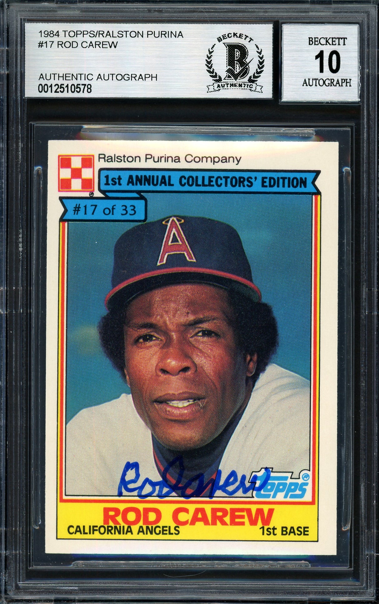 Rod Carew Autographed 1984 Topps Ralston Purina Card #17 California Angels Auto Grade 10 Beckett BAS #12510578
