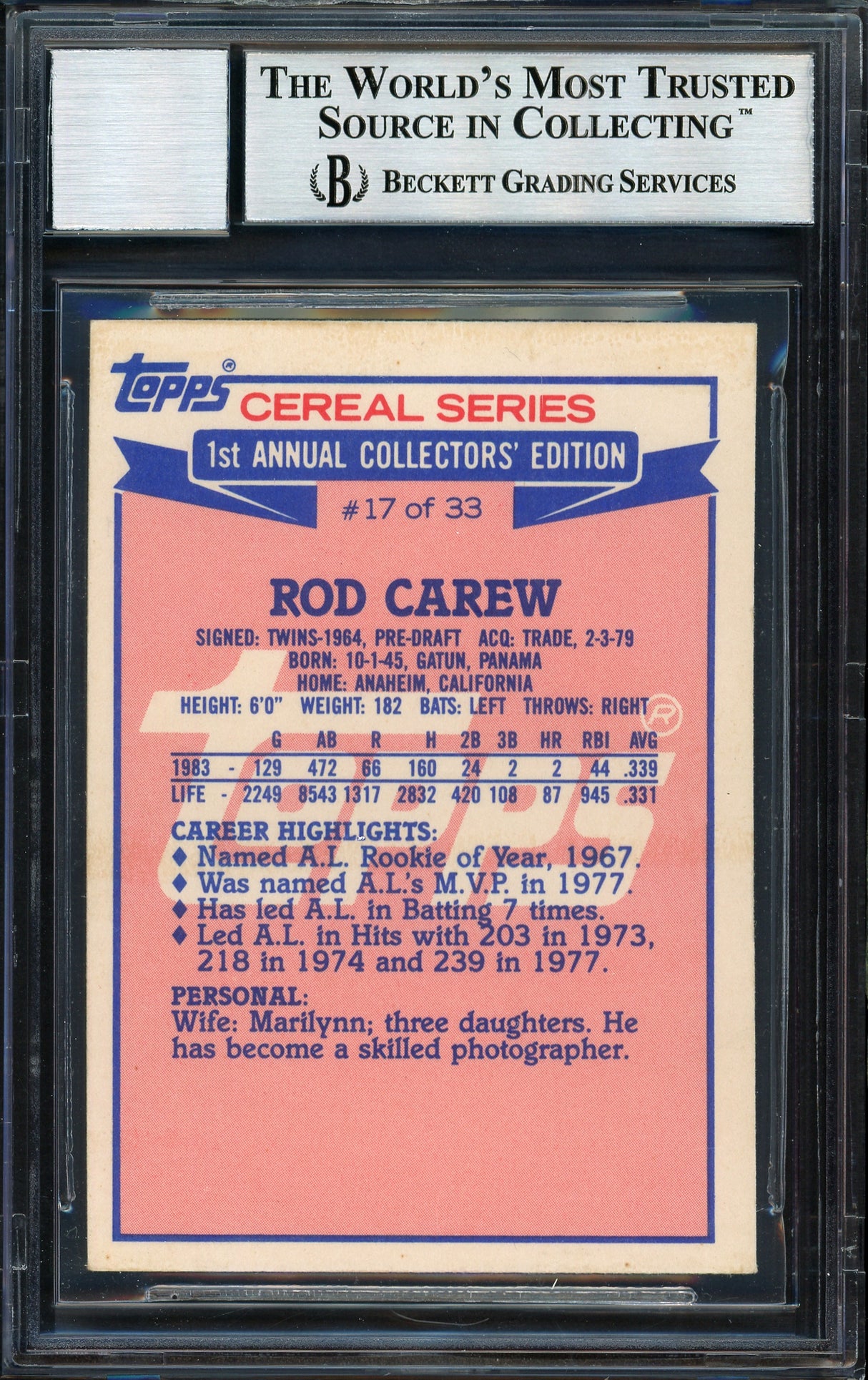 Rod Carew Autographed 1984 Topps Ralston Purina Card #17 California Angels Auto Grade 10 Beckett BAS #12510579