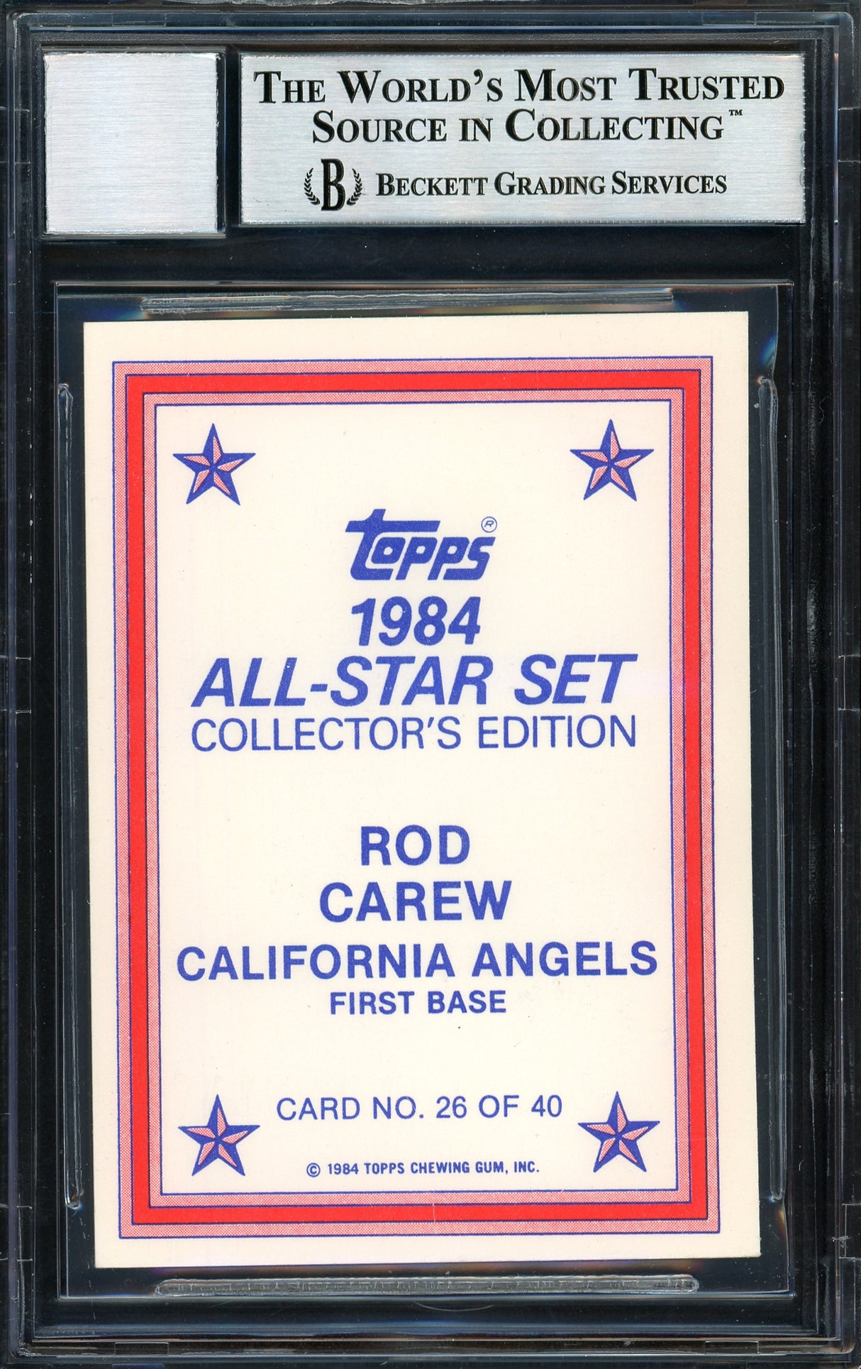 Rod Carew Autographed 1984 Topps All Star Set Card #26 California Angels Auto Grade 10 Beckett BAS #12510583