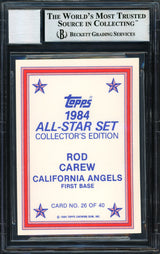 Rod Carew Autographed 1984 Topps All Star Set Card #26 California Angels Auto Grade 10 Beckett BAS #12510583